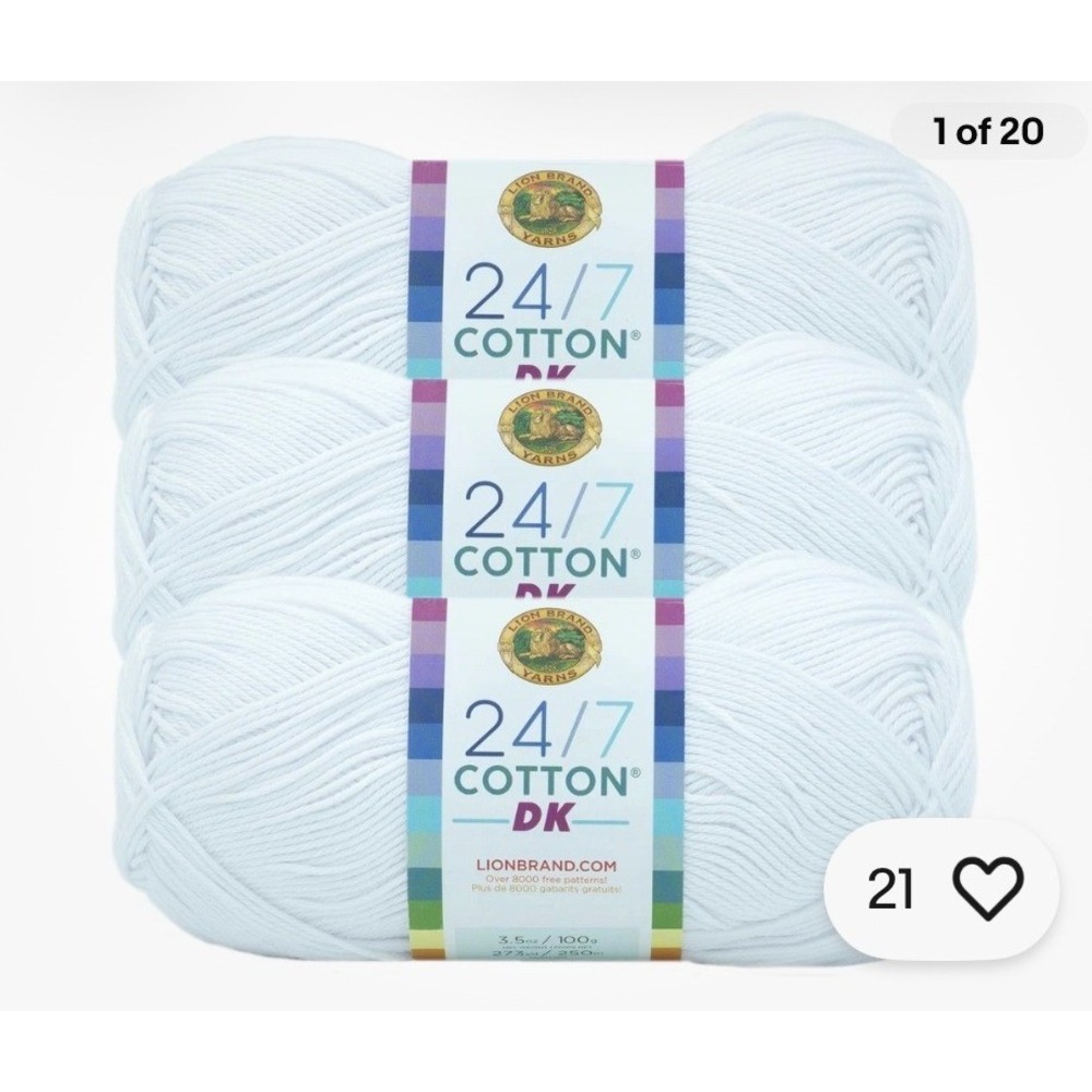 Lion Brand 24/7 Cotton DK Yarn Sugarcane White 100AJ 3 Skeins 819 Yards Total